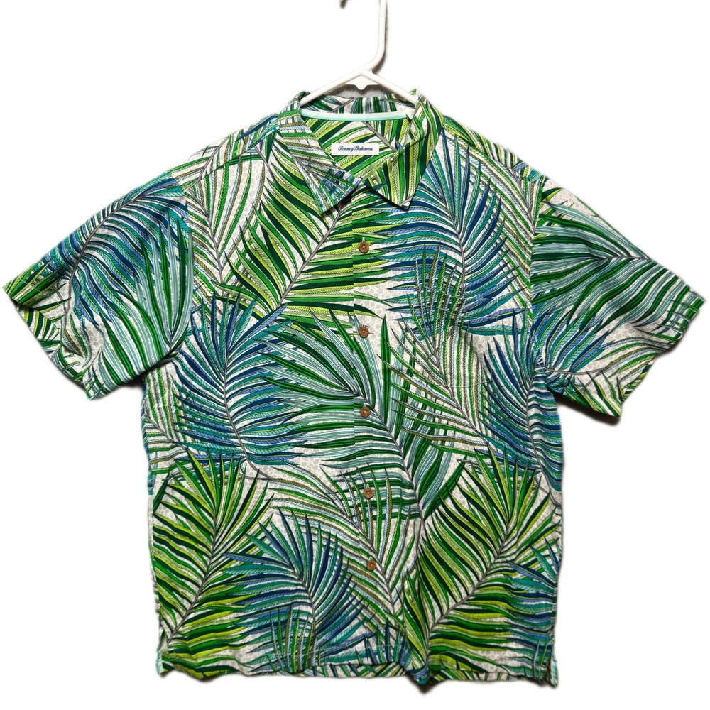 Tommy Bahama Silk Blend Tropical Palm Shirt Mens Large Green Blue Hawaiian